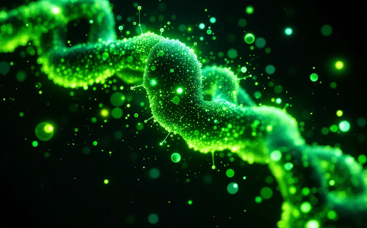 Abstract glowing green pentapeptide chain on a near-black background